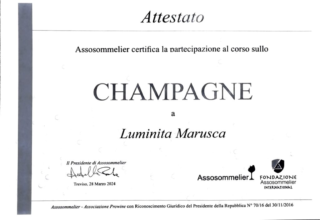 Attestato di partecipazione al corso sullo Champagne